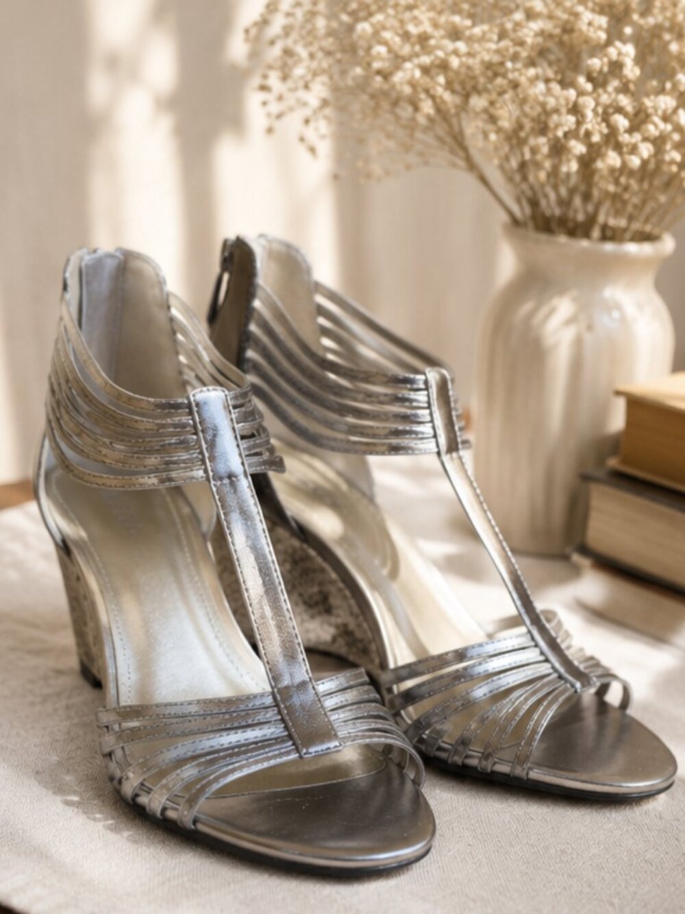 Bandolino Metallic Strappy Wedge Sandals | Snakeskin Print Heel